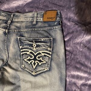 Flypaper Jeans Men’s 38x32 Blue Denim Straight Leg Embroidered Grunge Fade